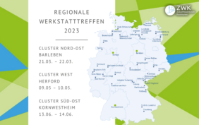Grafik mit den Daten der regionalen Werkstattreffen 2023: Cluster Nord-Ost  Barleben 21.03. – 22.03.,  Cluster West  Herford 09.05 – 10.05.,  Cluster Süd-Ost Kornwestheim 13.06. – 14.06.