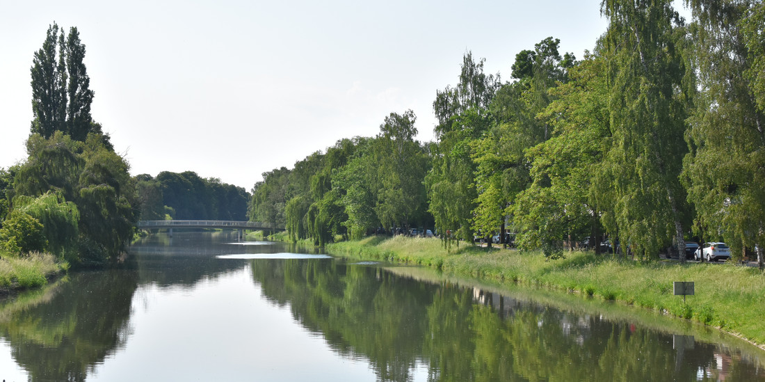 Fluss Werre mit grünen Wiesen und Bäumen am Ufer