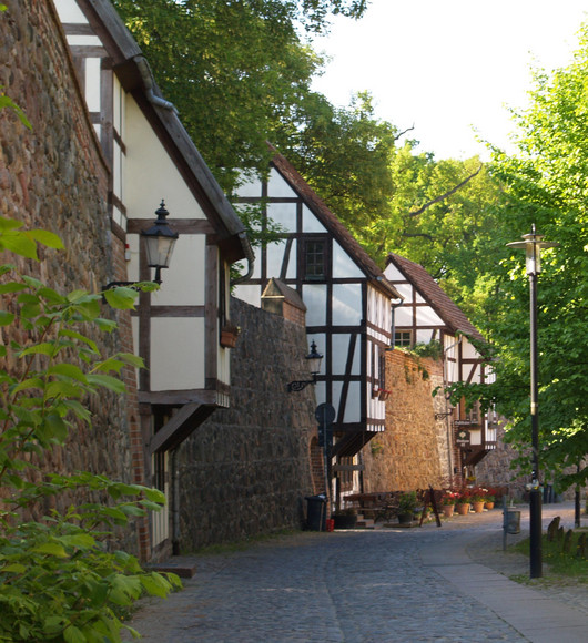 links eine alte Stadtmauer mit Wiekhäusern und rechts ein Weg und Bäume