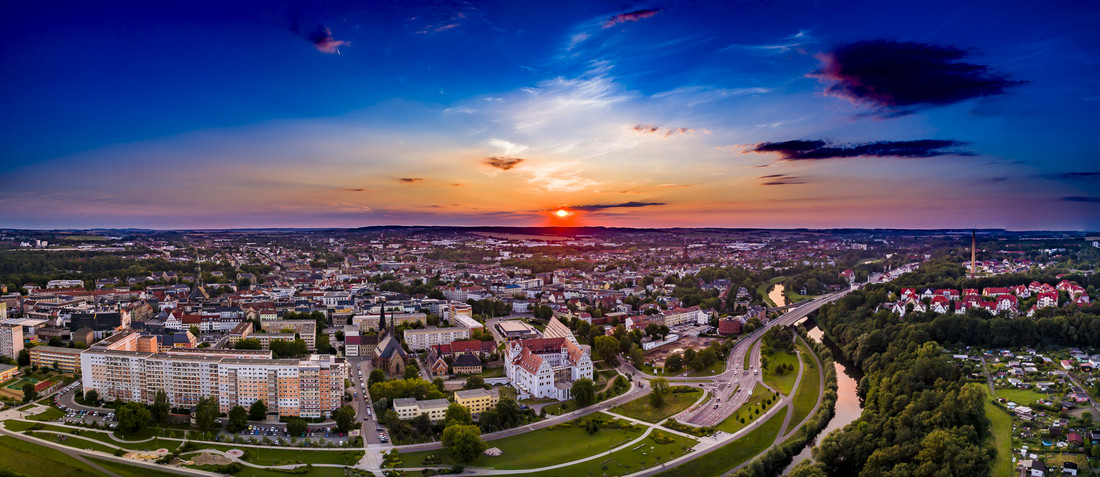 Zwickau von oben mit Sonnenuntergang