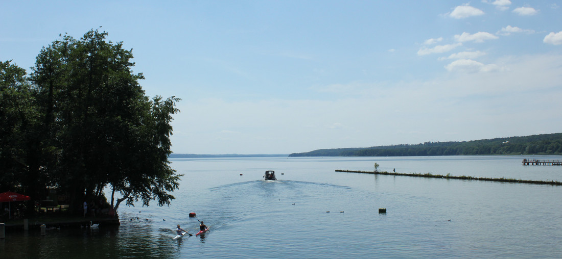 ein großer See mit Kanuten und im Hintergrund ein Steg und Bäume