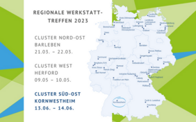 Deutschlandkarte mit allen 40 Modellkommunen. Die Gastgeberkommune ist markiert. Links stehen die Daten der drei regionalen Werkstattreffen.