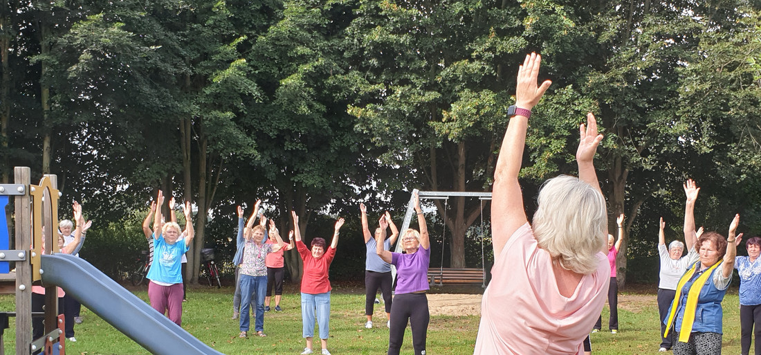 Seniorinnen und Senioren machen Gymnastik im Freien