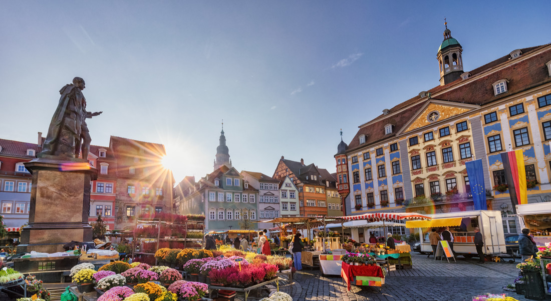 Ein Marktplatz mit historischen Fassaden und der tief stehenden Sonne. Die Stände sind gut besucht und bieten Lebensmittel und bunte Blumen an. Links das Prinz Albert Denkmal.