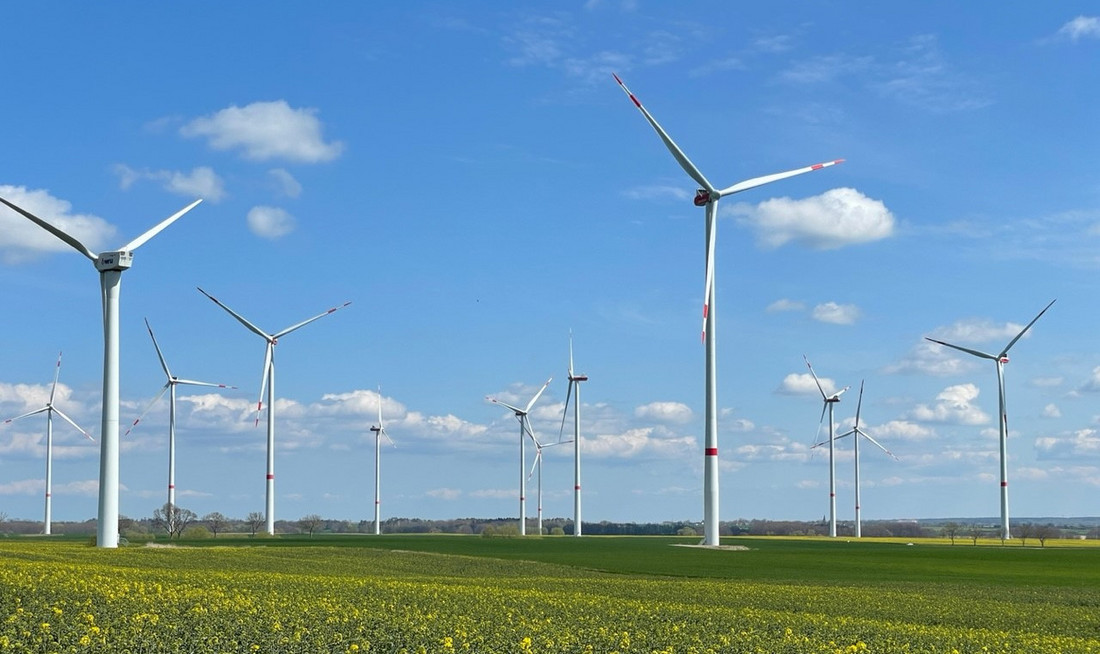 Zwölf Windräder auf einem großen Feld