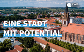 Luftbild der Stadt Neubrandenburg mit dem Schriftzug: Eine Stadt mit Potenzial