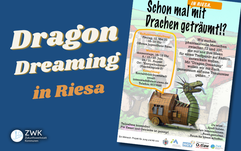 Plakat und Schriftzug:Dragon Dreaming in Riesa