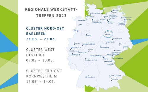 Deutschlandkarte mit allen 40 Modellkommunen. Die Gastgeberkommune ist markiert. Links stehen die Daten der drei regionalen Werkstattreffen.