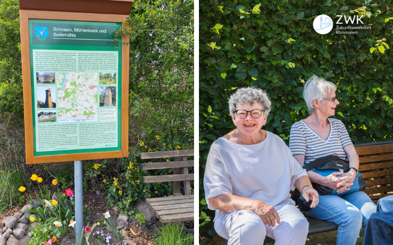 Foto von einem neuen Schild zur Naherholung in Schossin-Mühlenbeck. Daneben zwei lachende ältere Frauen.