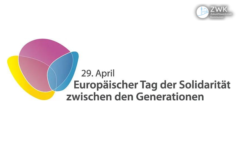 Logo zum Europäischen Tag der Solidarität zwischen den Generationen mit schwarzer Schrift und einer Grafik in gelb, lila und blau