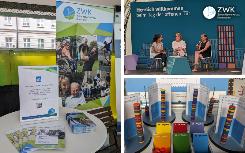 Fotocollage: Stand der Zukunftswerkstatt Kommunen, Interview mit Ministerin Paus, Umfrage zum Demografischen Wandel