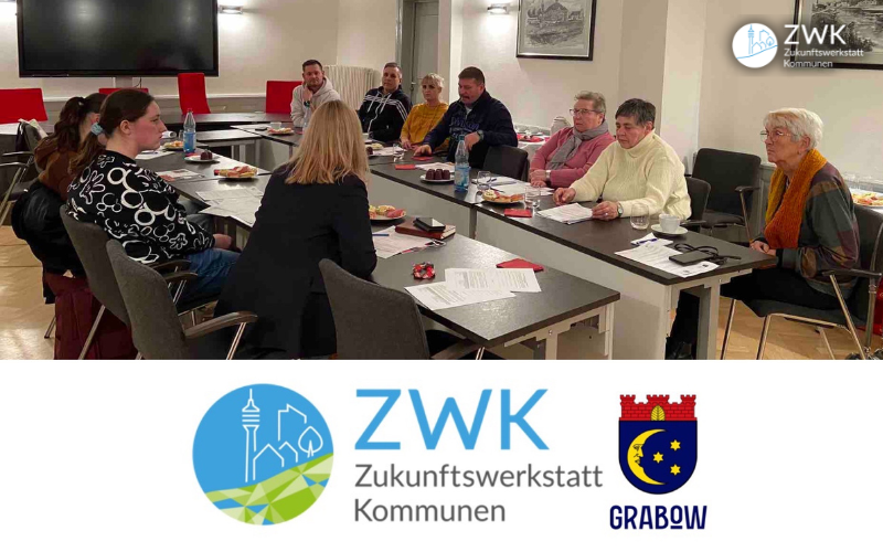 Im oberen Bild sitzen Teilnehmende eines Workshops zusammen am Tisch und diskutieren. Unten sind die Logos von Grabow und der ZWK zu sehen.