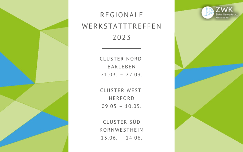 Grafik mit den Daten der regionalen Werkstattreffen 2023: Cluster Nord  Barleben 21.03. – 22.03.  Cluster West  Herford 09.05 – 10.05.  Cluster Süd Kornwestheim 13.06. – 14.06.