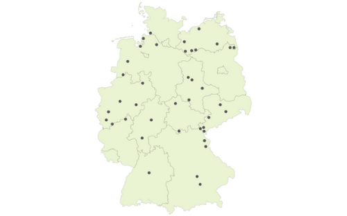 Projektlandkarte mit den Standorten der 40 Modellkommunen