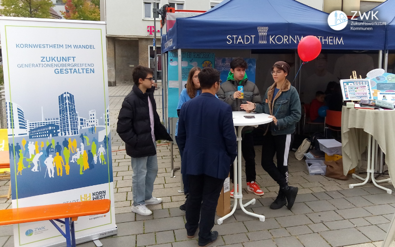 Fünf Jugendliche stehen auf einem Stadtfest vor einem Stand. Links in Roll-Up der Zukunftswerkstatt Kornwestheim. Rechts ein roter Luftballon.