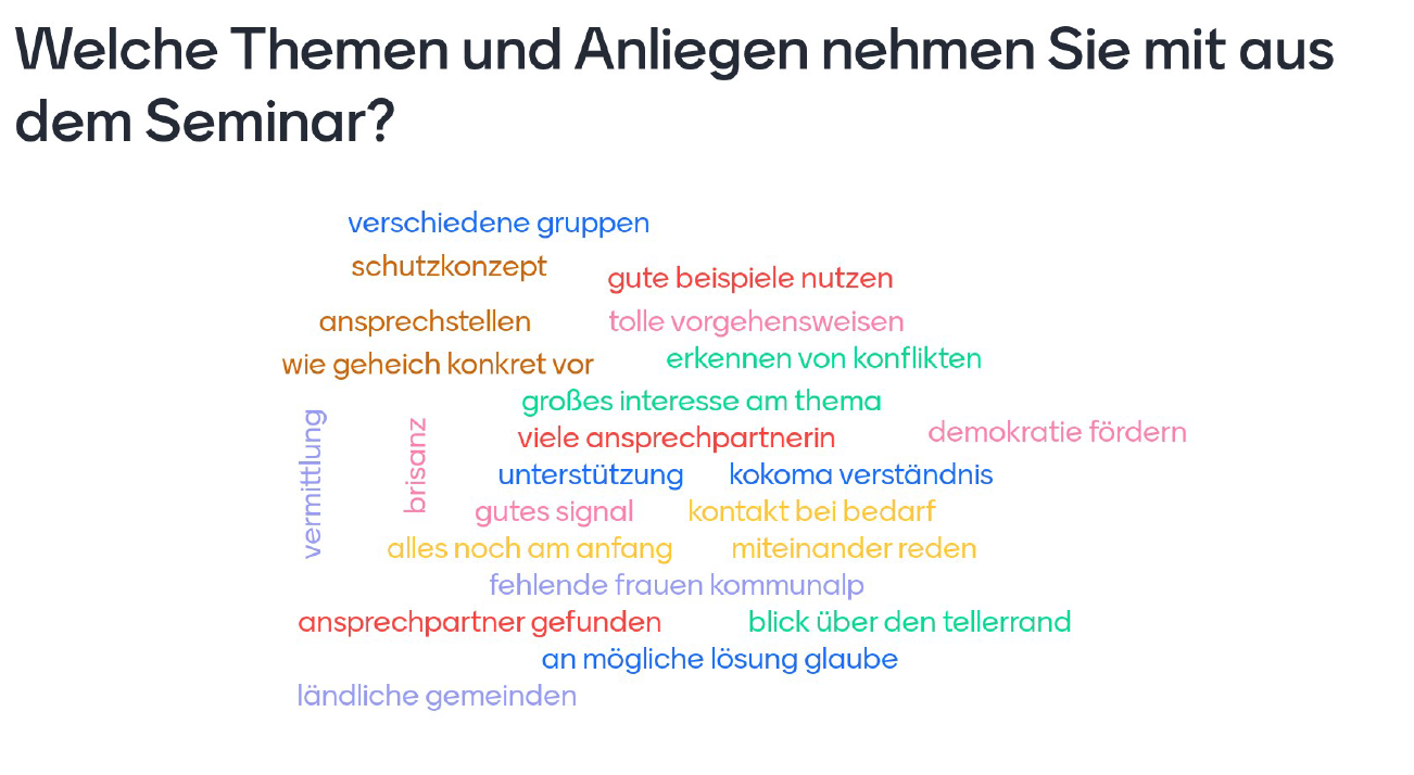 Mentimeter Umfrage: welche Themen nehmen Sie mit aus dem Seminar?